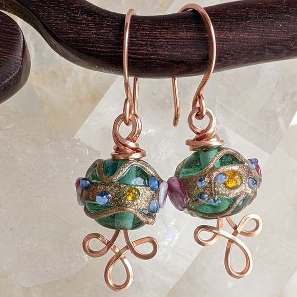 Venetian Emerald Glass Bead Earrings Copper Wire Wrap Colorful Handmade - Picture 13 of 16